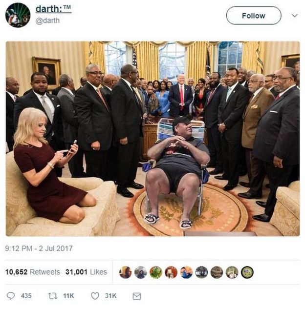 A tweet showing Chris Christie's deckchair edited into a picture of the Oval Office, featuring President Trump, several heads of historically black colleges, and Kellyanne Conway with her feet on the sofa