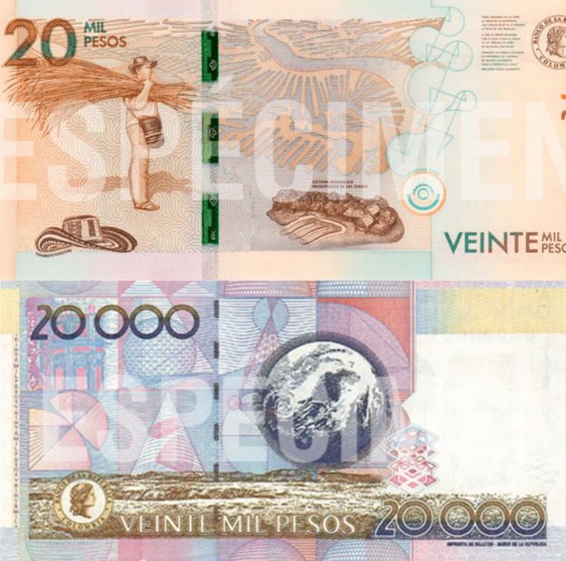 Billete nuevo y billete antiguo de 20.000 pesos.