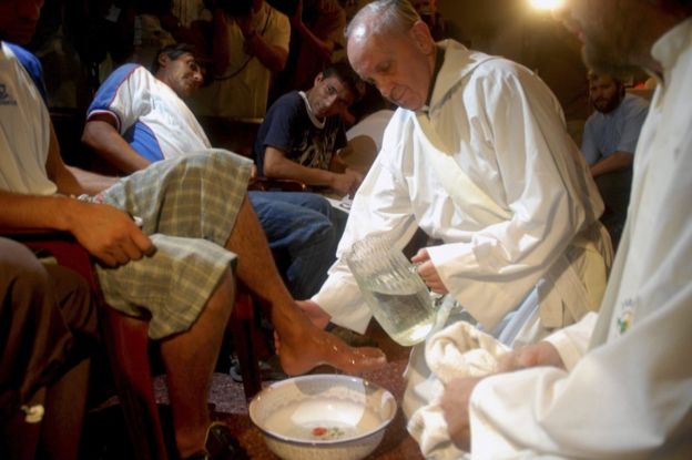 Cardinal Bergoglio washing the feet of residents during a mass for Holy Thursday in Buenos Aires in March 2008