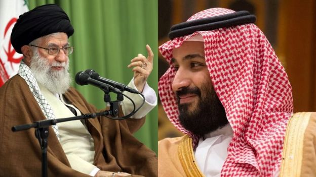 ولي العهد السعودي محمد بن سلمان والمرشد الأعلى الإيراني آية الله علي خامنئي
