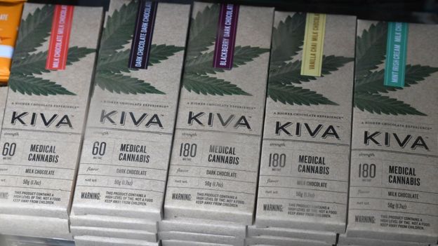 Chocolate bars with cannabis called "edibles" are for sale at the Higher Path medical marijuana dispensary in the San Fernando Valley area of Los Angeles, California, 27 December 2017