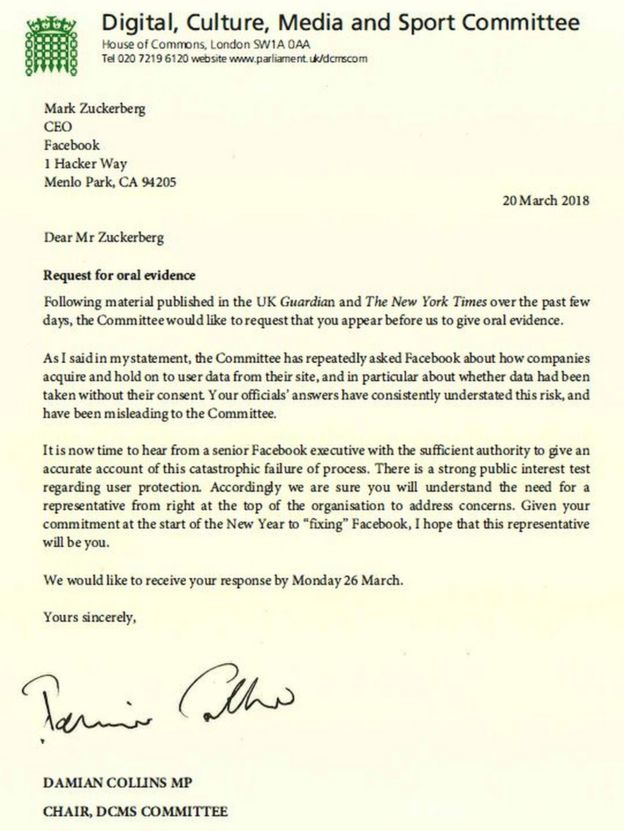 Letter from Damian Collins to Mark Zuckerberg