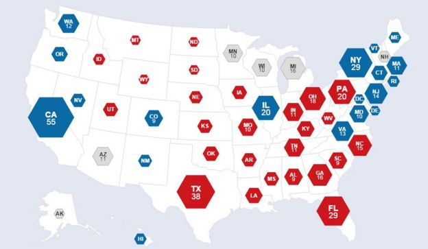 En azul, los Estados que ganó Clinton y en rojo los de Trump.