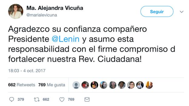 Tweet de María Alejandra Vicuña agradeciendo su designación.