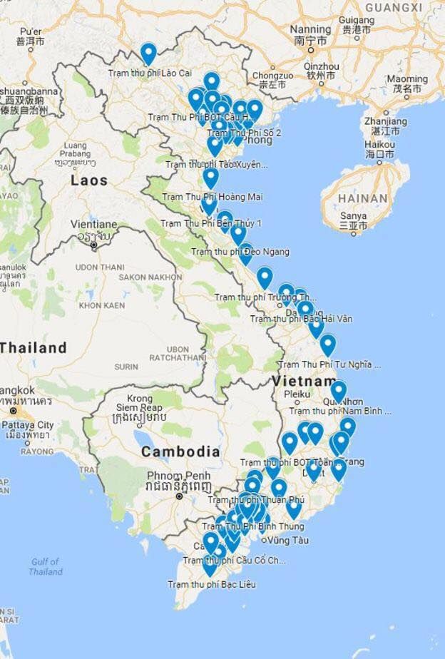Một bản đồ đánh dấu các trạm BOT ở Việt Nam