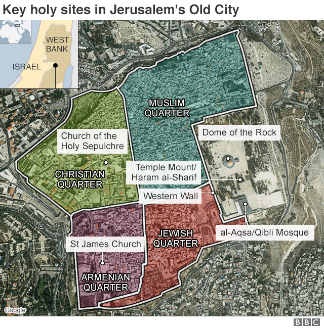 Map showing key holy sites in Jerusalem's Old City