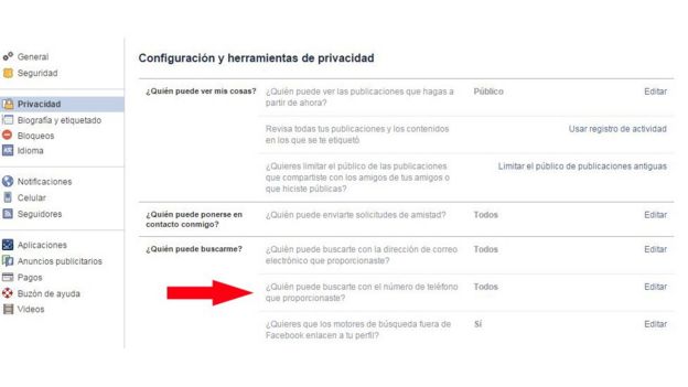 Captrua de pantalla de Facebook relativa a las opcioens de privacidad