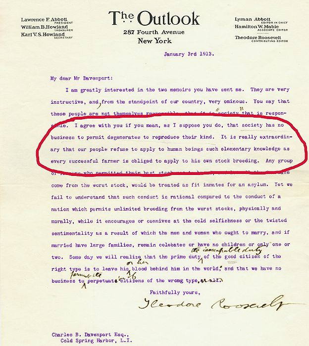 carta del autor y estadista Teodoro Roosevelt (1858-1919) al biólogo y eugenesista Charles Benedict Davenport (1866-1944).
