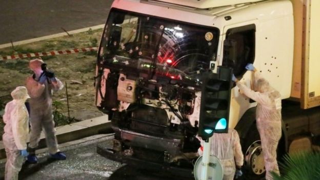 Forensic team examining the lorry cab