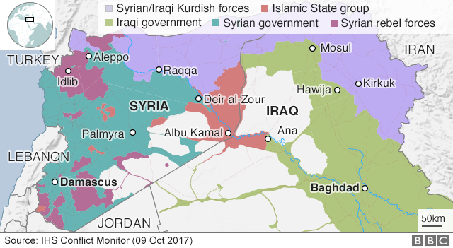 Map showing control of Iraq and Syria (9 October 2017)