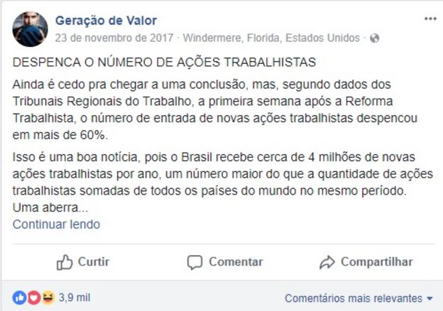 Reprodução de uma postagem da página Geração de Valor que comenta notícia sobre a Justiça do Trabalho