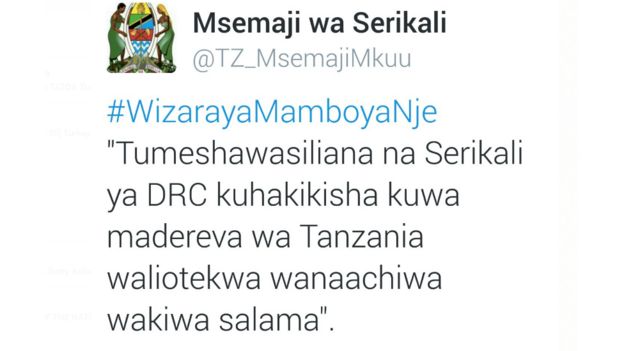 Chapisho la mtandao wa Twitter wa msemaji wa serikali ya Tanzania