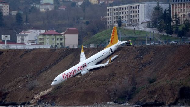 Pegasus Airlines aircraft pictured after it skidded off the runway at Trabzon airport by the Black Sea, Turkey, January 14, 2018