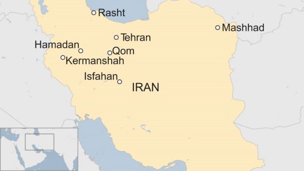 Карта показывает города в Иране, где произошли протесты