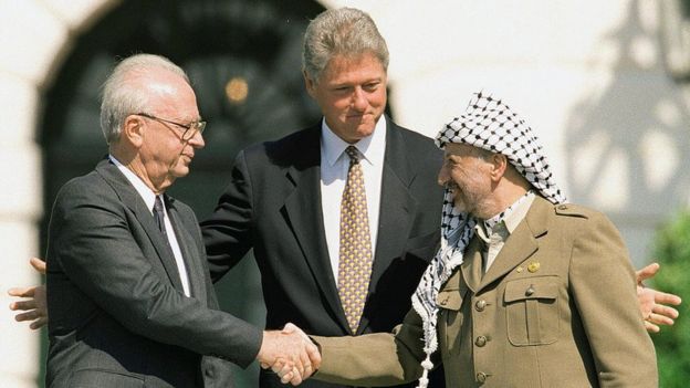 Isaac Rabin, Bill Clinton y Yaser Arafat.