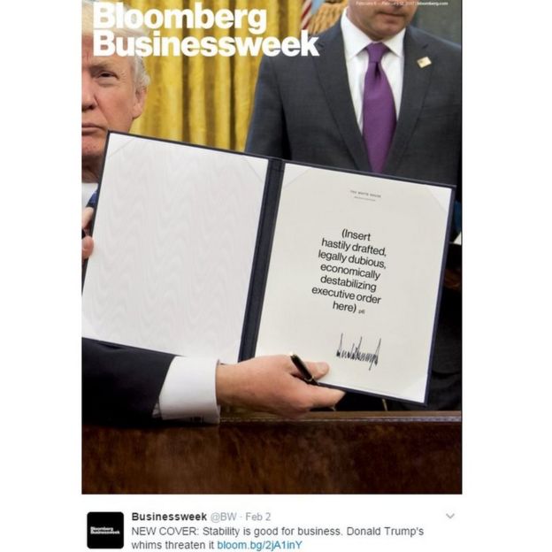 La portada muestra a Donald Trump mostrando una orden ejecutiva a las cámaras, pero las palabras escritas en ella dicen: "(Colocar una orden ejecutiva apresuradamente redactada, legalmente dudosa, y económicamente desestabilizadora económicamente aquí)".