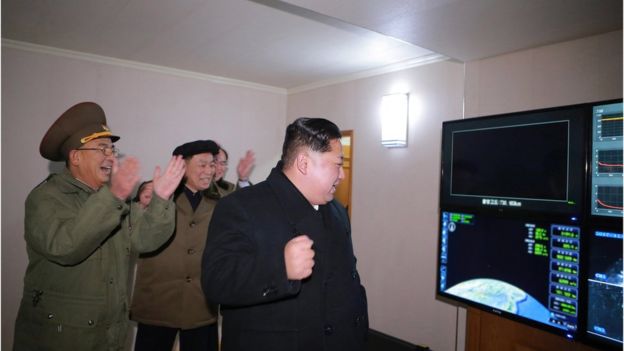 North Korea's leader, Kim Jong-un, watches he missile launch on 29 November