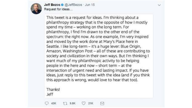Jeff Bezos' philanthropy tweet