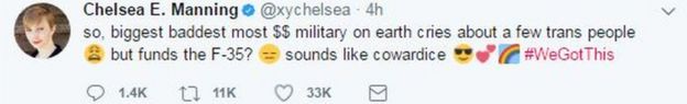 Chelsea Manning, a transgender former US soldier, tweeted her reaction to the news