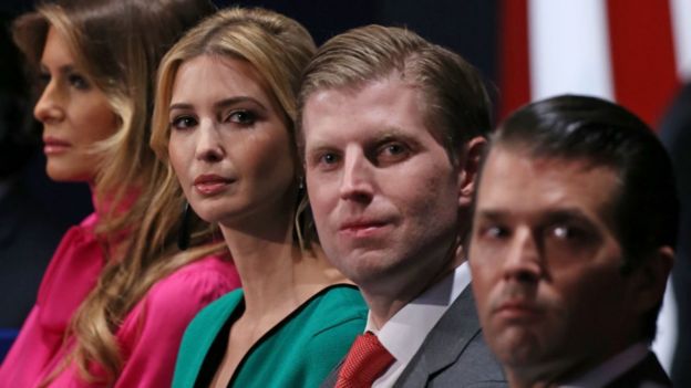 Wife Melania Trump, daughter Ivanka Trump, and sons Eric Trump and Donald Trump Jr listen to the second presidential debate at Washington University in St. Louis, Missouri.