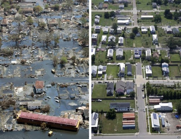 Picha ya kutoka angani ya eneo la Lower Ninth Ward mjini New Orleans wakati wa mafuriko yaliyotokana na kimbunga Katrina, na nyingine ya eneo hilo miaka kumi baadaye