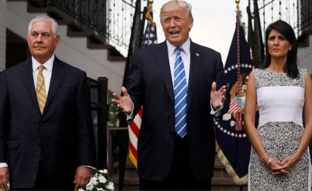 PresidentTrump was flanked by Secretary of State Rex Tillerson and US Ambassador to the United Nations Nikki Haley at his golf estate in Bedminster, New Jersey