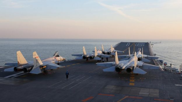 The deck of the Liaoning with Chinese fighter jets