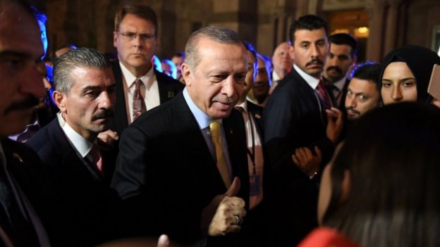 Turkish President Tayyip Erdogan gives a thumbs up to supporters outside of The Peninsula hotel on the sidelines of the United Nations General Assembly in Manhattan, New York, U.S. September 20, 2017.