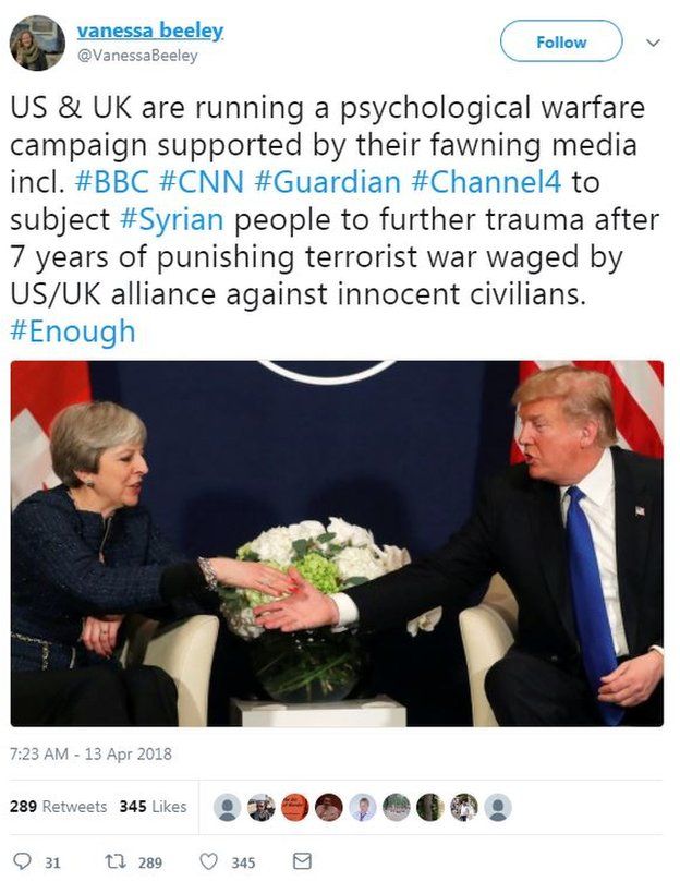 Tweet by Vanessa Beeley: "US & UK are running a psychological warfare campaign supported by their fawning media incl. #BBC #CNN #Guardian #Channel4 to subject #Syrian people to further trauma after 7 years of punishing terrorist war waged by US/UK alliance against innocent civilians. #Enough"