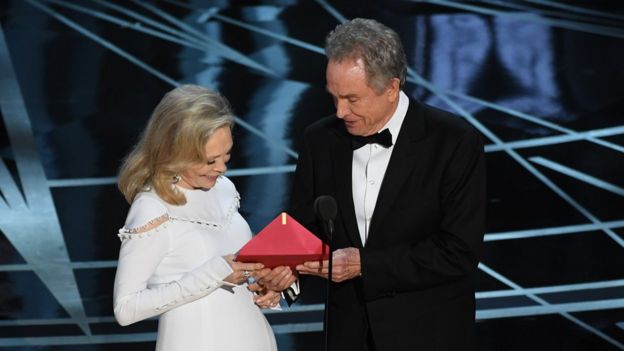 Faye Dunaway and Warren Beatty with the red envelope at the centre of the confusion