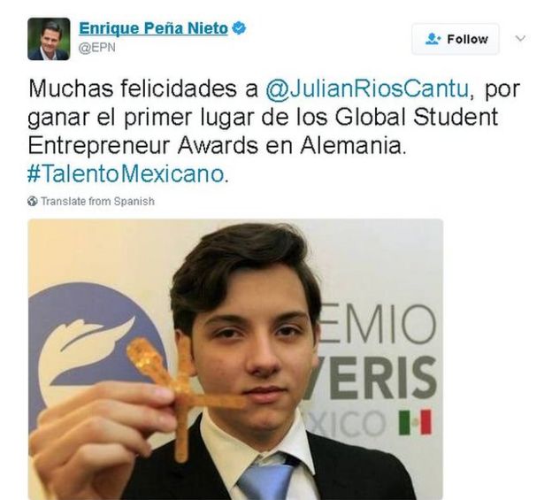 Meksika Devlet Başkanı, ödülü kazanmasının ardından Julian'ı Twitter üzerinden tebrik etti. Tebrik mesajında Julian'ın biosensürü elinde tutarkenki fotoğrafı da vardı.