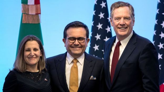 La ministra de Exteriores de Canadá, Chrystia Freeland, el ministro de Economía de México, Idelfonso Guajardo, y el representante de Comercio de EE.UU., Robert Lighthizer.