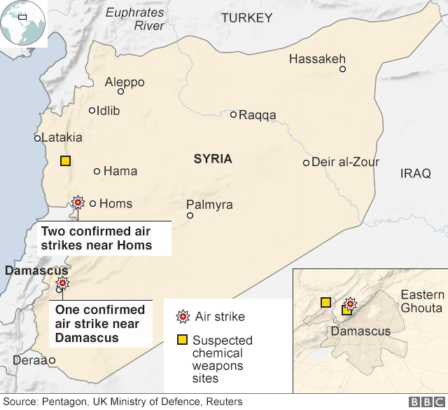 Map showing where strikes hit in Syria