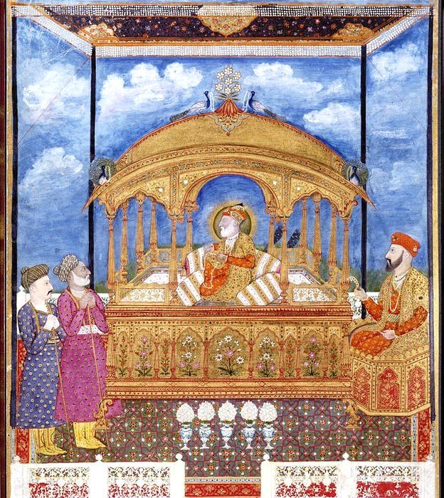 El emperador mogol Alam II sentado en el Trono del Pavo real