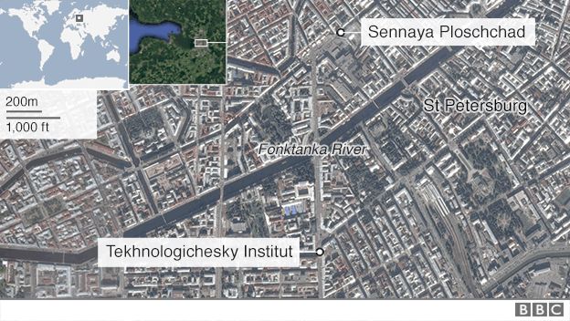 Map showing scenes of St Petersburg explosions