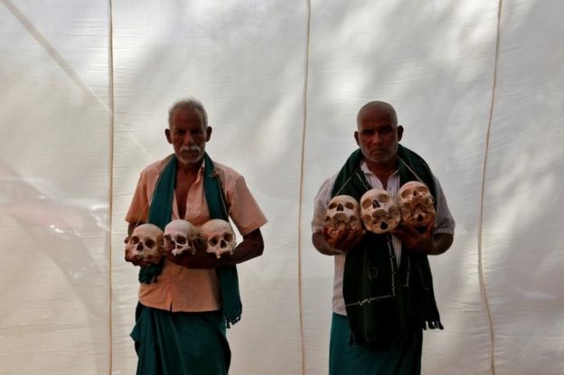 Farmers from the southern state of Tamil Nadu display skulls, who they claim are the remains of Tamil farmers who have committed suicide, during a protest demanding a drought-relief package from the federal government, in New Delhi, India, March 22, 2017.