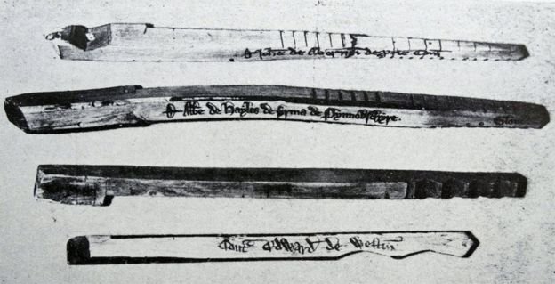 Some of the old wooden tally sticks used by the UK Exchequer until 1826