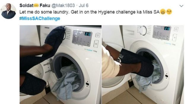 Image of man doing laundry with gloves on