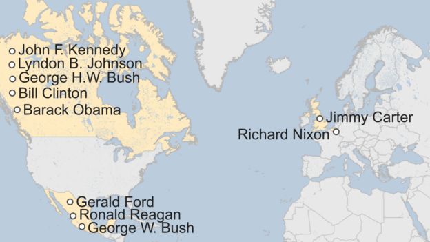 Mapa de los primeros destinos internacionales de los presidentes de Estados Unidos desde Kennedy.