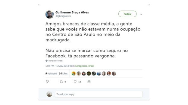 Captura de tela de mensagem no Twitter criticando usuários que se marcaram como seguros em incêndio em São Paulo