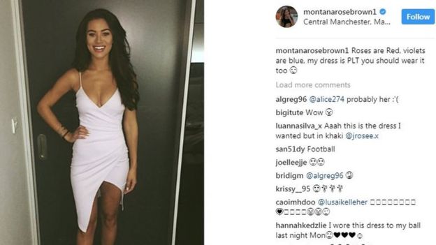 Instagram post showing Montana Brown posing in a Pretty Little Thing dress