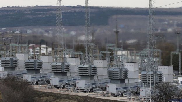 A general view shows the facilities of a mobile gas turbine generator, which was turned on due to recent power outages after pylons carrying electricity were blown up, in the settlement of Stroganovka, Simferopol district of Crimea, November 22, 2015.