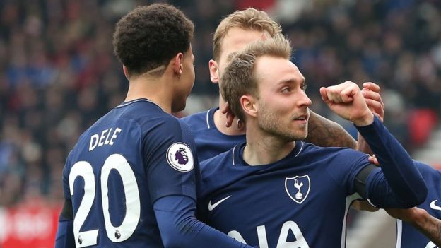 Christian Eriksen celebrates scoring against Stoke