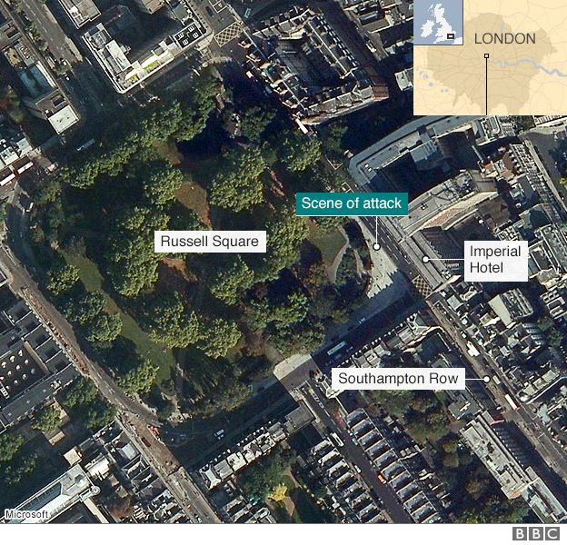 A map of Russell Square and the attack