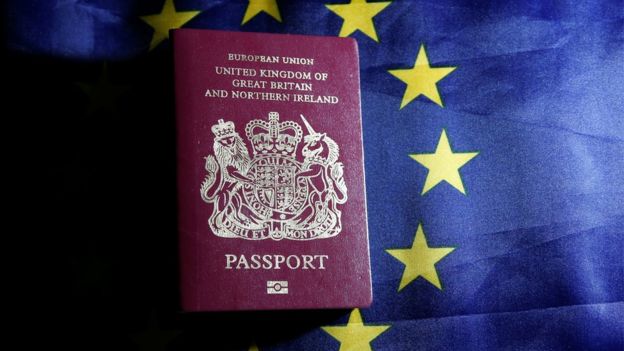 A passport in front of a European Union flag