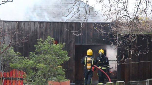 Firefighters tackling the blaze at London Zoo