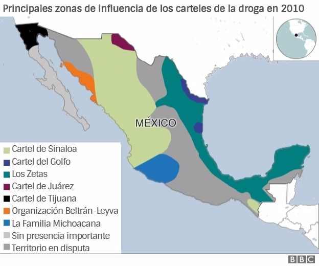 Principales zonas de influencia de los carteles de la droga en 2010