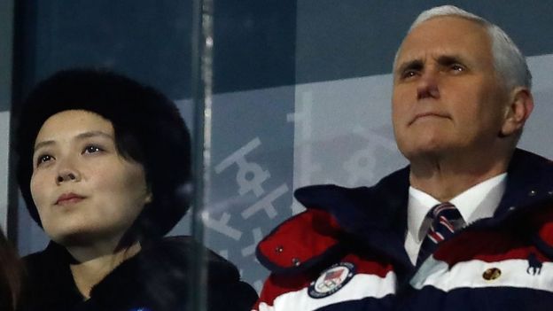 US Vice-President Pence (R) was seated near Kim Jong-un's sister Kim Yo-jong (L) at the opening ceremony