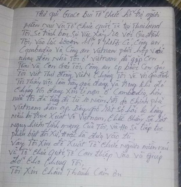 Lá thư ông Y Rin Kpa gửi cho bà Grace Bùi cầu xin giúp đỡ hôm 11/8