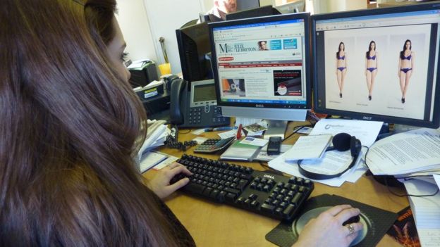 woman looking at screen with three images of a model in underwear